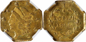 1866 Octagonal 25 Cents. BG-708. Rarity-4+. Liberty Head. MS-66+ (NGC).

 Crudely reeded edge and production appearance. Deep olive-gold color overa...