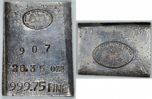 Undated San Francisco Mint Strip Cast / Sheared Silver Ingot. Type II Oval Hallmark / Full Type III Oval Hallmark. No. 907. 26.35 Ounces. 999.75 Fine....