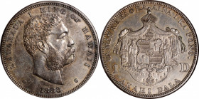 1883 Hawaii Dollar. Medcalf-Russell 2CS-5. AU-55 (NGC).

A generally silver-gray example with enhancing blushes of iridescent steel-olive, powder bl...