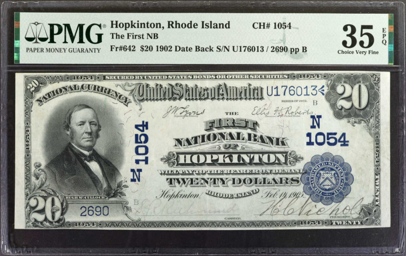 Hopkinton, Rhode Island. $20 1902 Date Back. Fr. 642. The First NB. Charter #105...