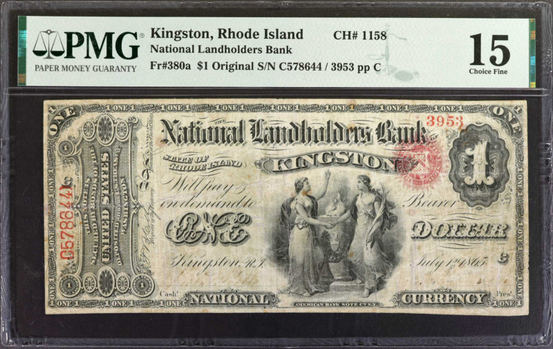 Kingston, Rhode Island. $1 Original. Fr. 380a. The National Landholders Bank. Ch...