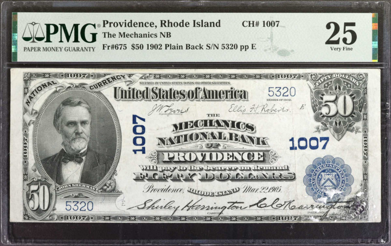 Providence, Rhode Island. $50 1902 Plain Back. Fr. 675. The Mechanics NB. Charte...