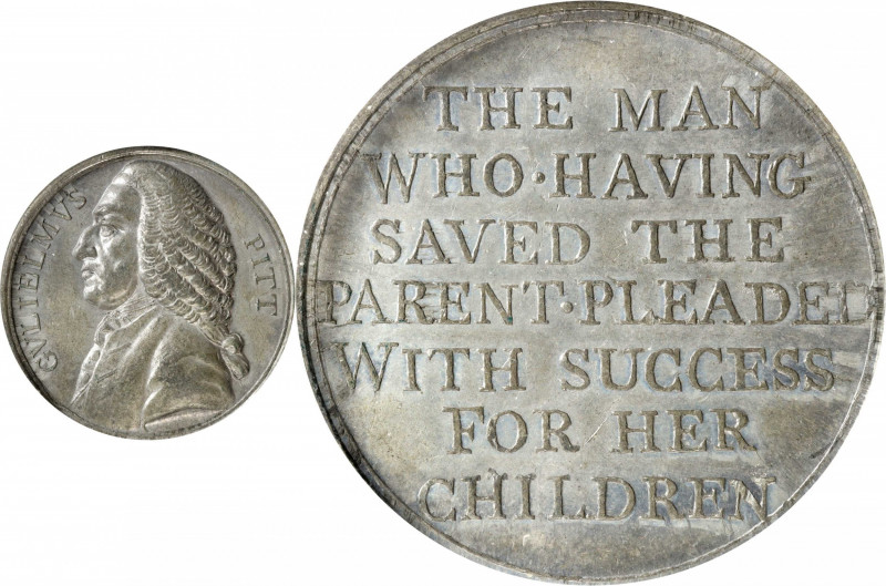 Undated William Pitt, Repeal of the Stamp Act Medal. By Thomas Pingo. Betts-515....