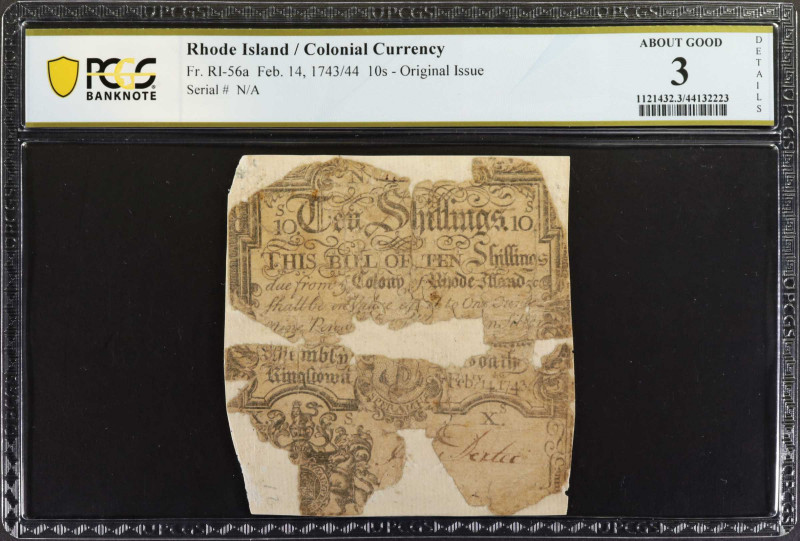 RI-56a. Rhode Island. February 14, 1743/44. 10 Shillings. PCGS Banknote About Go...