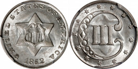 1852 Silver Three-Cent Piece. MS-62 (PCGS).

PCGS# 3666. NGC ID: 22YZ.

Estimate: $ 200