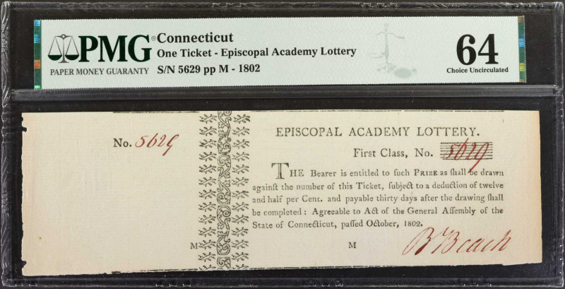 Connecticut. Episcopal Academy Lottery Ticket. 1802. One Ticket. PMG Choice Unci...