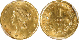 1849 Gold Dollar. Open Wreath, With L. MS-62 (PCGS). CAC.

PCGS# 7502. NGC ID: 25B9.

Estimate: $ 800