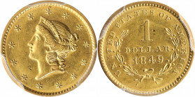 1849 Gold Dollar. Open Wreath, With L. MS-61 (PCGS).

PCGS# 7502. NGC ID: 25B9.

Estimate: $ 475