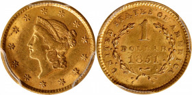 1851 Gold Dollar. MS-62 (PCGS).

PCGS# 7513. NGC ID: 25BK.

Estimate: $ 400