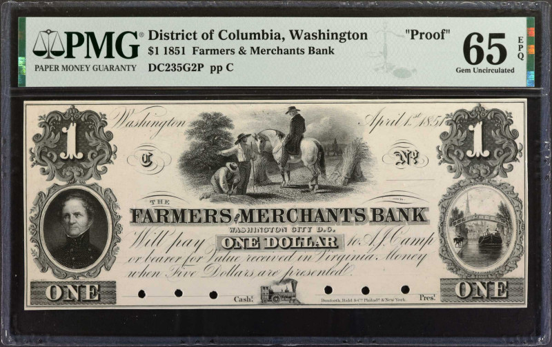 Washington, District of Columbia. Farmers & Merchants Bank. 1851. $1. PMG Gem Un...