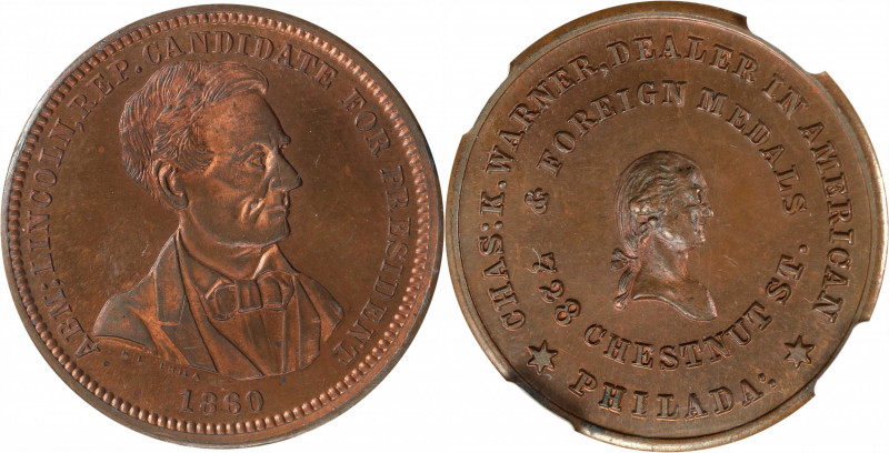 "1860" (ca. 1864) Charles K. Warner Store Card. Abraham Lincoln. Musante GW-744,...