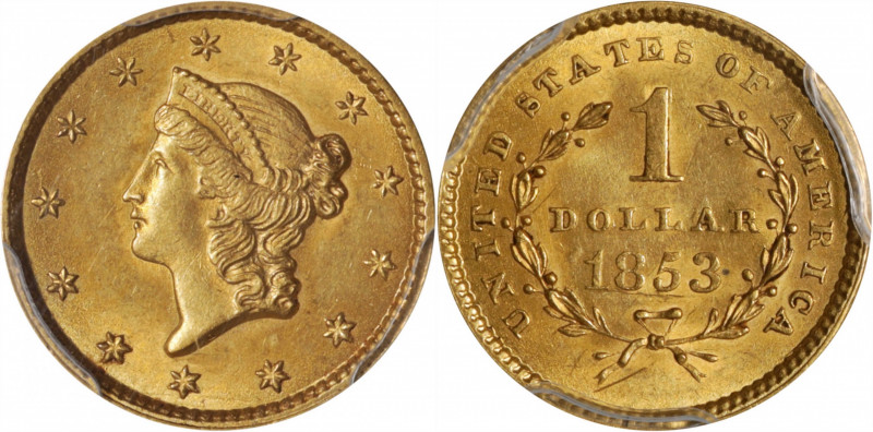 1853 Gold Dollar. Unc Details--Cleaned (PCGS).

PCGS# 7521. NGC ID: 25BU.

E...