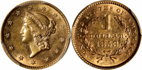 1853 Gold Dollar. AU-58 (PCGS).

PCGS# 7521. NGC ID: 25BU.

Estimate: $ 225