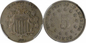 1881 Shield Nickel. Proof-45 (PCGS).

PCGS# 3836. NGC ID: 276X.

Estimate: $ 175