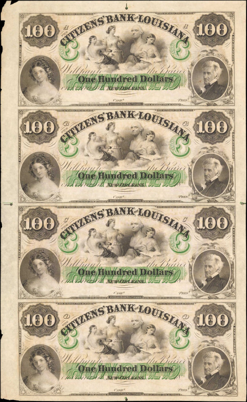 Uncut Sheet of (4). New Orleans, Louisiana. Citizens' Bank of Louisiana. 18xx. $...