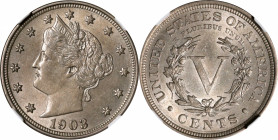 1903 Liberty Head Nickel. MS-62 (NGC).

PCGS# 3864. NGC ID: 277E.

Estimate: $ 110