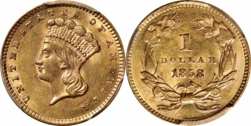 1858 Gold Dollar. AU-58 (PCGS).

PCGS# 7548. NGC ID: 25CH.

Estimate: $ 250