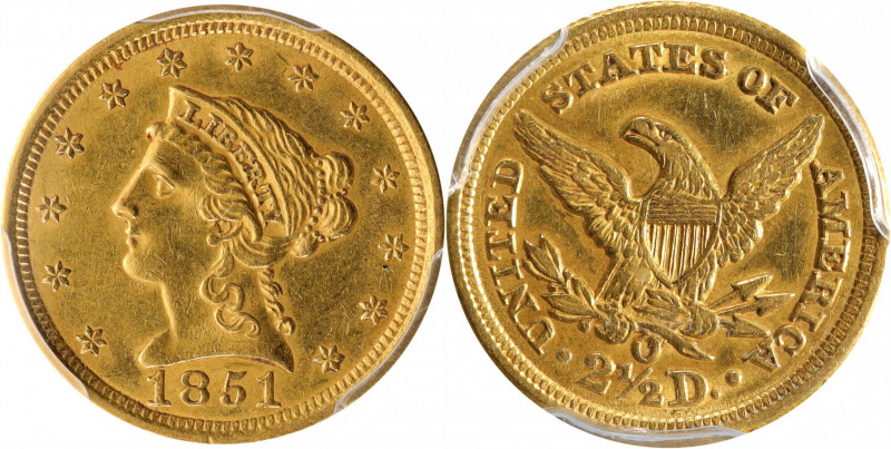 1851-O Liberty Head Quarter Eagle. Winter-1. Repunched Date. AU-55 (PCGS).

PC...