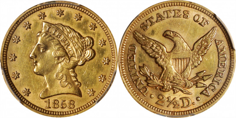 1858 Liberty Head Quarter Eagle. AU Details--Cleaned (PCGS).

PCGS# 7786. NGC ...