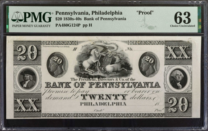 Philadelphia, Pennsylvania. Bank of Pennsylvania. 1830s-40s. $20. PMG Choice Unc...