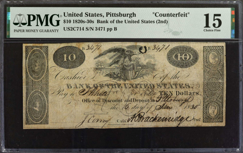 Pittsburgh, Pennsylvania. Bank of the United States (2nd). 1820's-30's. $10. PMG...