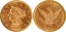 1861 Liberty Head Quarter Eagle. Type II Reverse. MS-63 (PCGS). CAC--Gold Label.

PCGS# 7794. NGC ID: 25JV.

Estimate: $ 1000