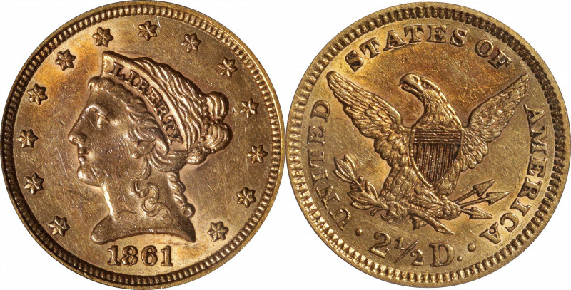 1861 Liberty Head Quarter Eagle. Type II Reverse. AU-55 (PCGS).

PCGS# 7794. N...