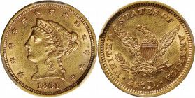 1861 Liberty Head Quarter Eagle. Type II Reverse. AU-55 (PCGS).

PCGS# 7794. NGC ID: 25JV.

From the Mark and Lottie Salton Collection.

Estimat...
