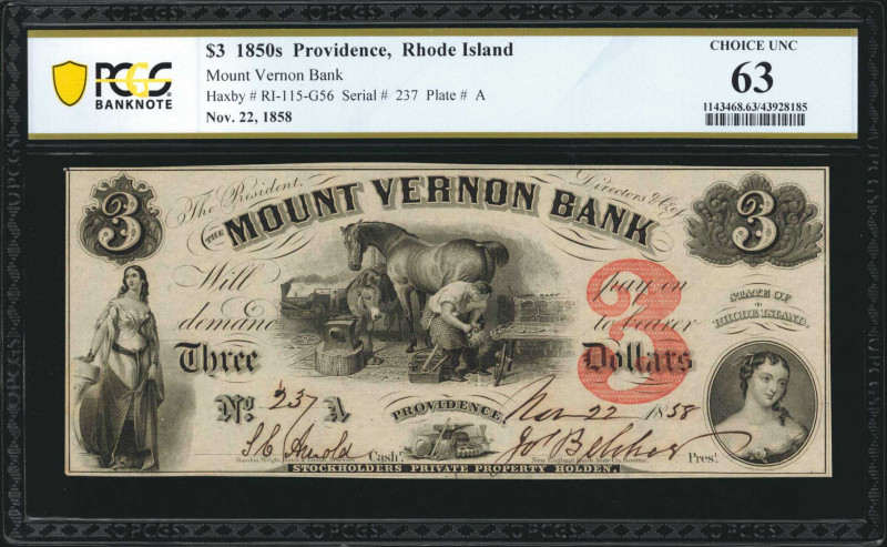 Providence, Rhode Island. Mount Vernon Bank. 1850s. $3. PCGS Banknote Choice Unc...