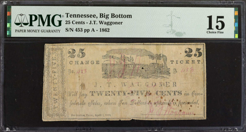 Big Bottom, Tennessee. J.T. Waggoner. 1862. 25 Cents. PMG Choice Fine 15.

J.T...