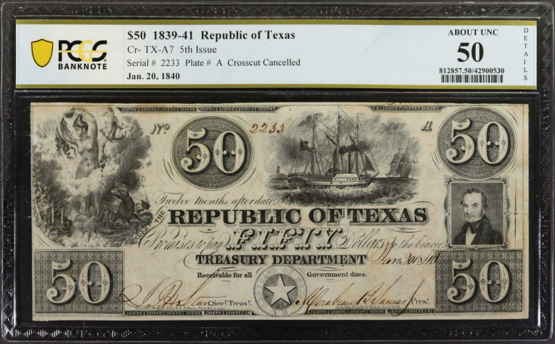 Austin, Texas. Republic of Texas. 1839-41. $50. PCGS Banknote About Uncirculated...