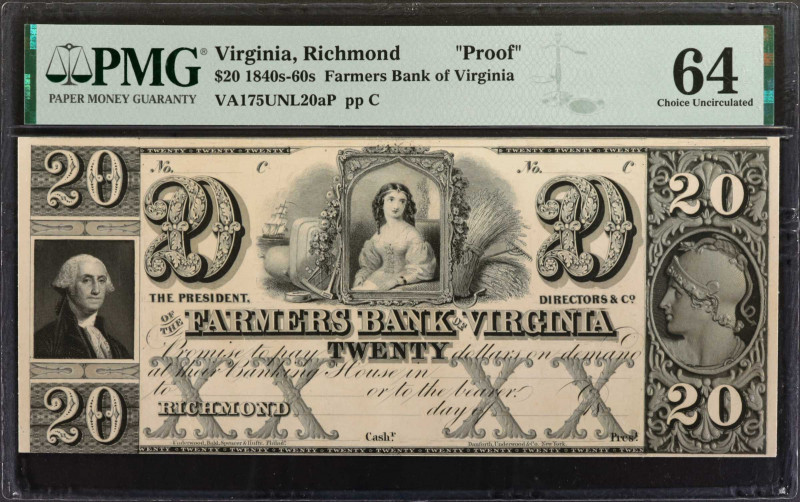 Richmond, Virginia. Farmers Bank of Virginia. 1840s-60s. $20. PMG Choice Uncircu...