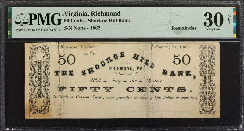 Richmond, Virginia. Shockoe Hill Bank. 1862. 50 Cents. PMG Very Fine 30 Net. Tap...