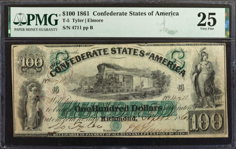 T-5. Confederate Currency. 1861 $100. PMG Very Fine 25.

No. 4711, Plate B. Im...