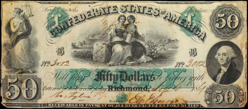 T-6. Confederate Currency. 1861 $50. Very Good.

No. 3002, Plate B. Richmond. ...