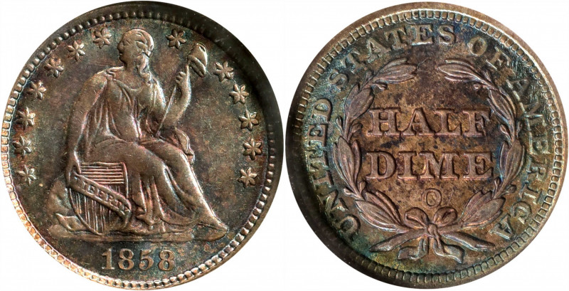 1858-O Liberty Seated Half Dime. MS-65 (NGC).

PCGS# 4369. NGC ID: 233V.

Es...