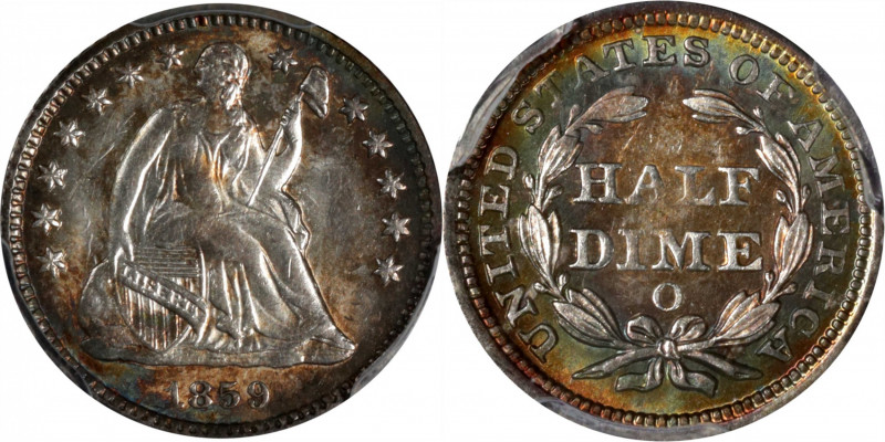 1859-O Liberty Seated Half Dime. MS-62 (PCGS).

PCGS# 4370. NGC ID: 233X.

E...