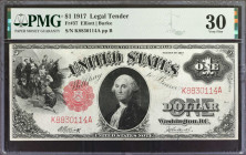 Fr. 37. 1917 $1 Legal Tender Note. PMG Very Fine 30.

An attractive note with eye appeal well in excess of its very conservative grade. The light st...