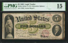 Fr. 61c. 1862 $5 Legal Tender Note. PMG Choice Fine 15.

Series 96. Plate D. A Choice Fine example of our nations first Five Dollar Legal Tender des...