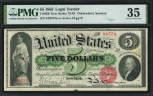 Fr. 63b. 1863 $5 Legal Tender Note. PMG Choice Very Fine 35.

New Series 54. Large bottom margin. Bright paper and bold red overprints add to the ap...