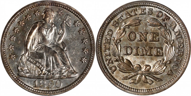 1850 Liberty Seated Dime. MS-64 (PCGS).

PCGS# 4593. NGC ID: 238J.

Estimate...