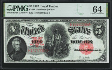 Fr. 91. 1907 $5 Legal Tender Note. PMG Choice Uncirculated 64.

This well centered 1907 $5 offers bright paper and an exceptionally dark design. Nea...