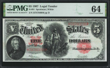 Fr. 91. 1907 $5 Legal Tender Note. PMG Choice Uncirculated 64.

A lovely Choice Uncirculated example of this popular Legal Tender design. Nearly con...