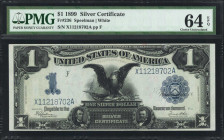 Fr. 236. 1899 $1 Silver Certificate. PMG Choice Uncirculated 64 EPQ.

Original embossing is noticed on this near Gem Black Eagle.

Estimate: $500....