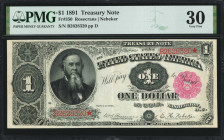 Fr. 350. 1891 $1 Treasury Note. PMG Very Fine 30.

An always in demand open back treasury Ace.

Estimate: $300.00 - $500.00