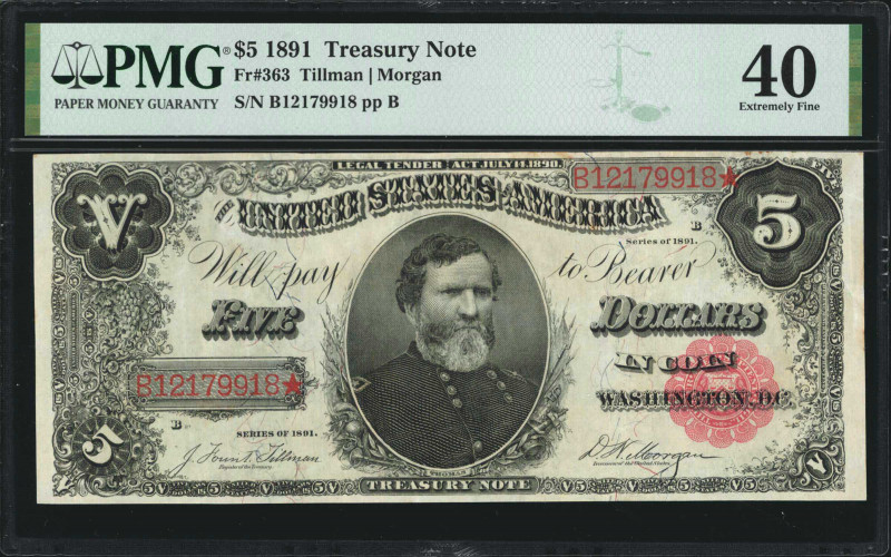 Fr. 363. 1891 $5 Treasury Note. PMG Extremely Fine 40.

An often difficult to ...