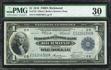 Fr. 722. 1918 $1 Federal Reserve Bank Note. Richmond. PMG Very Fine 30.

This Very Fine Richmond Ace displays attractive qualities for the assigned ...