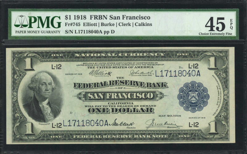 Fr. 745. 1918 $1 Federal Reserve Bank Note. San Francisco. PMG Choice Extremely ...