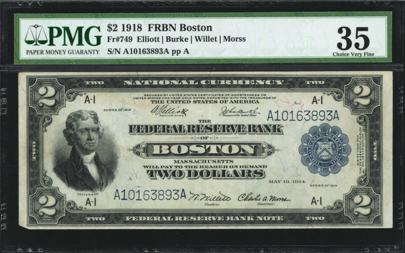 Fr. 749. 1918 $2 Federal Reserve Bank Note. Boston. PMG Choice Very Fine 35.

...