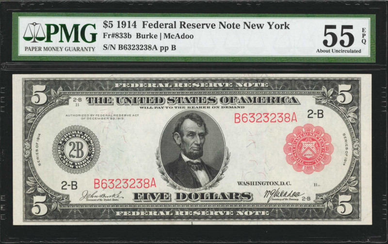 Fr. 833b. 1914 Red Seal $5 Federal Reserve Note. New York. PMG About Uncirculate...